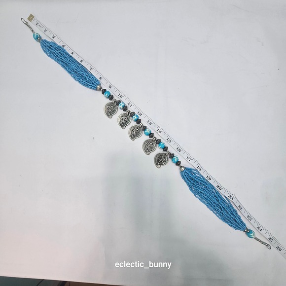 Tibetan-Style Blue Beaded Statement Necklace Silver-Tone Medallions • Boho - Picture 4 of 7